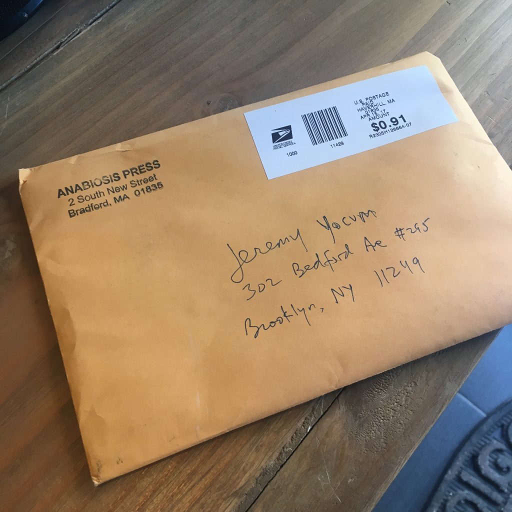 Envelope addressed to Jeremy Yocum, from Anabiosis Press