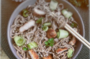 Cold soba with chicken, fresh cucumbers, sauce and sesame. Classic cold salad with buckwheat noodles. Japanese food. Traditional asian cuisine. Top view, flat lay. - https://depositphotos.com/free-files/noodles.html?qview=274519324