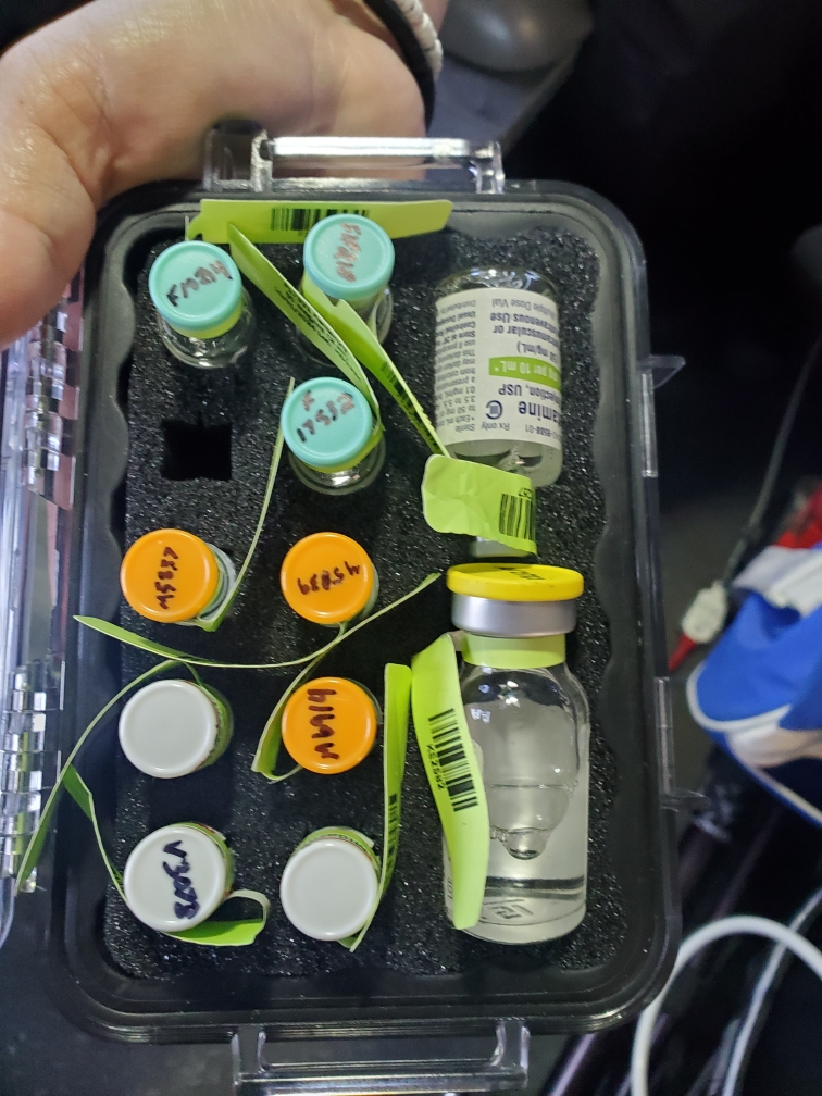 Foam-lined box showing vials of medication with green tags and lids hand-labeled with Sharpie